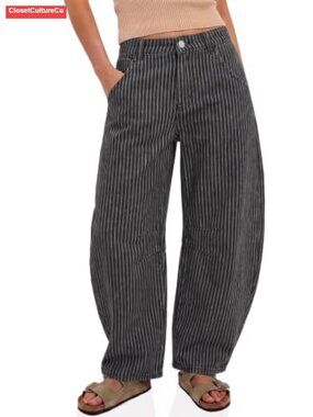 Women's Striped Barrel Jeans High Waisted Wide Leg Roll Up Denim Pants